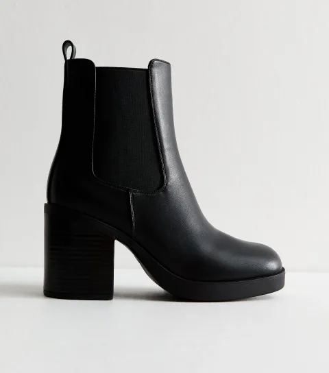 Black Faux Leather Chunky Heel Chelsea Boots Vegan