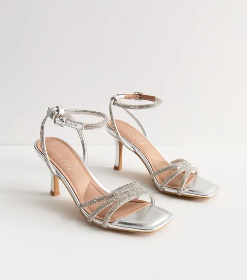 Silver Diamanté-Embellished Stiletto Sandals Vegan