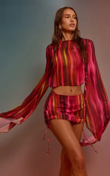 Purple Ombre Print Bead Trim Chiffon Beach Top