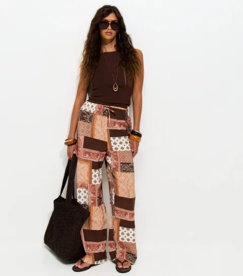 Brown Patchwork Wide Leg Trousers