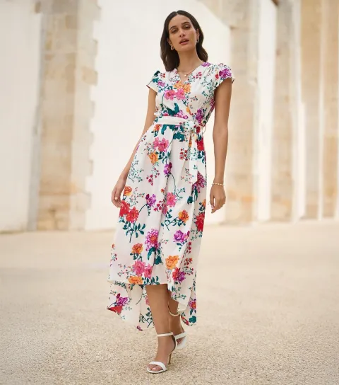 White Floral Print Wrap Front Belted Midi Dress
