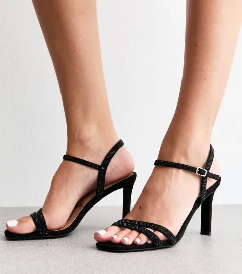 Black Strappy Embellished Open Toe Stiletto Heel Sandals Vegan