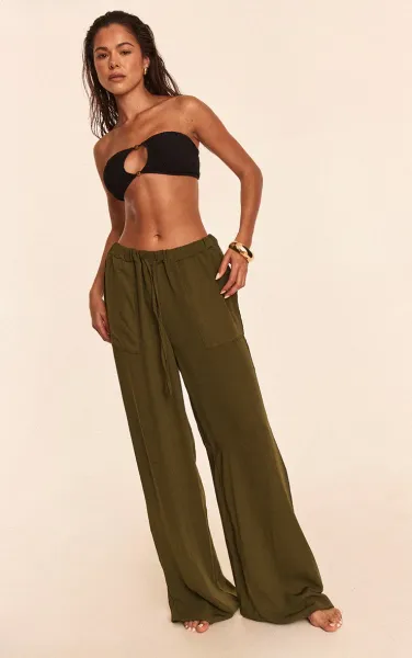 Khaki Linen Look Drawstring Beach Trousers