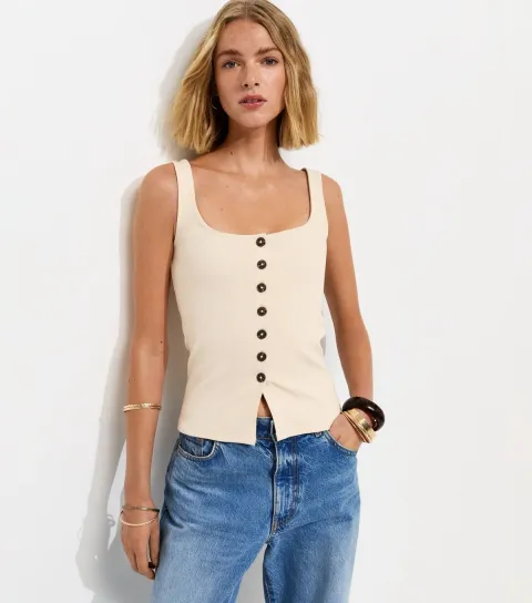 Premium Off White Button Through Vest Top