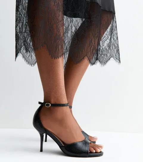 Wide Fit Black Faux Leather Stiletto Sandals