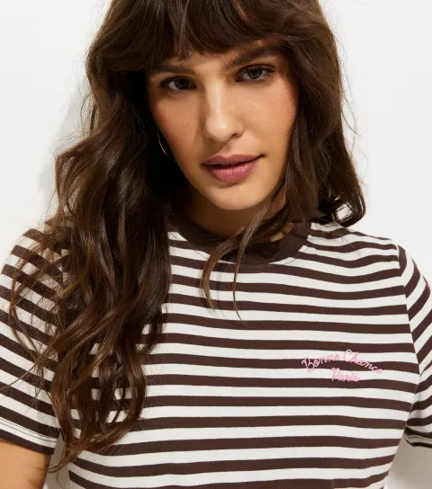 Tall Brown Cotton Striped Bonne Chance Embroidery T-Shirt