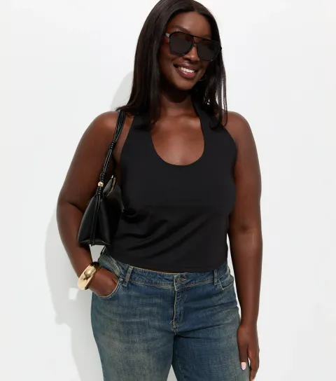 Plus Size Black Slinky Jersey Halter Neck Vest Top Curves