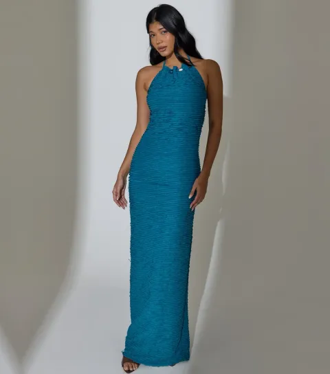 Teal Halter Neck Maxi Dress