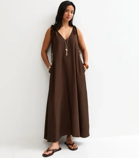 Petite Dark Brown Ruched Shoulder Smock Midi Dress