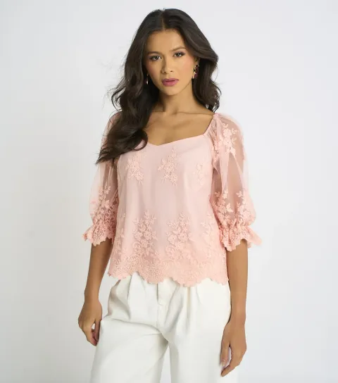 Light Pink Embroidered Scallop Blouse