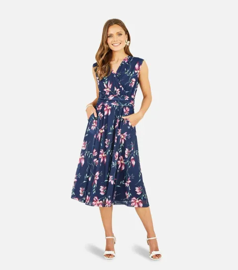 Blue Floral Sleeveless Wrap Midi Dress