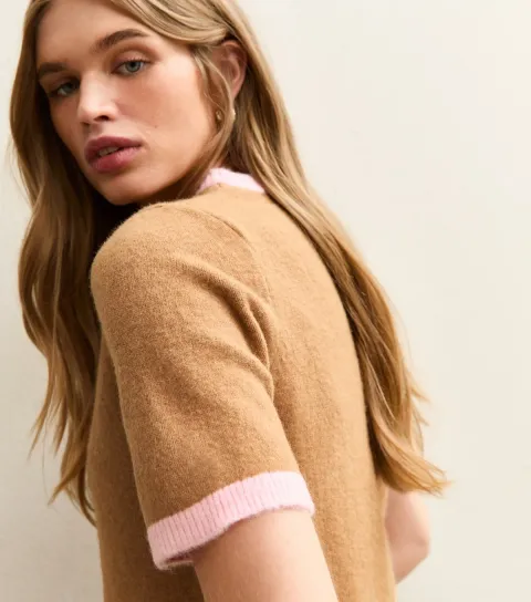 Camel and Pink Knit Contrast Rib T-Shirt