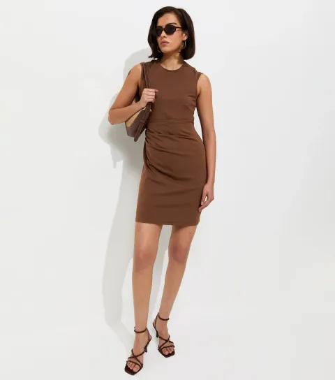 Dark Brown Ruched Waist Sleeveless Mini Dress