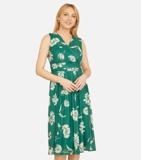 Green Floral Sleeveless Wrap Midi Dress