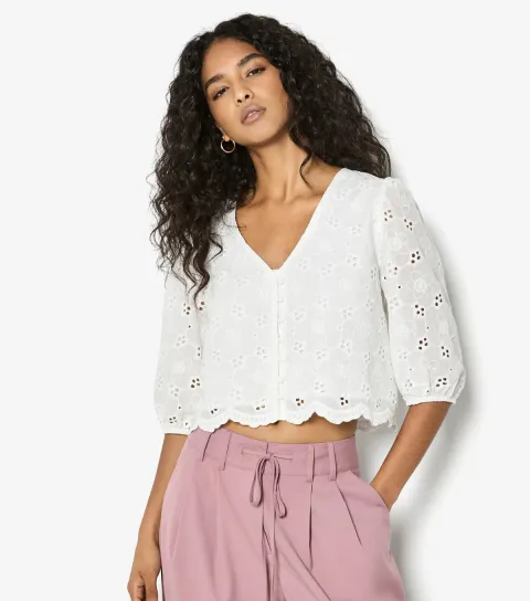 White Cotton Broderie Anglaise Button Through Blouse