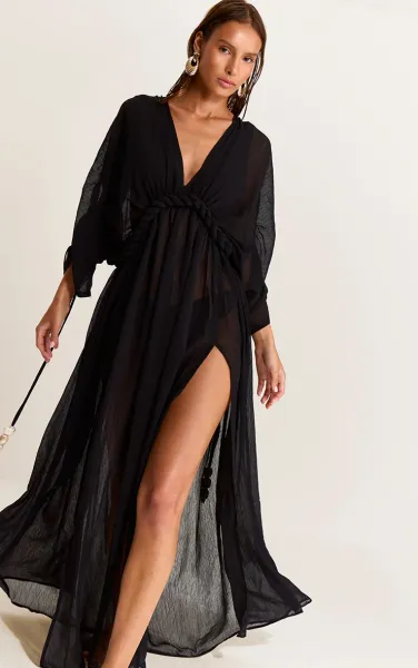 Black Textured Chiffon Twist Boho Beach Dress