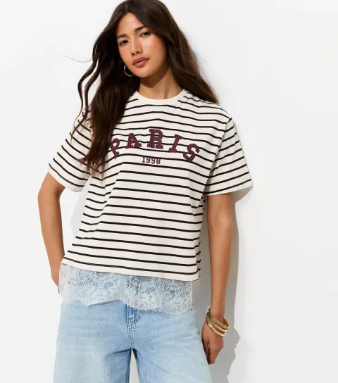 White Cotton Striped Paris Lace Hem T-Shirt