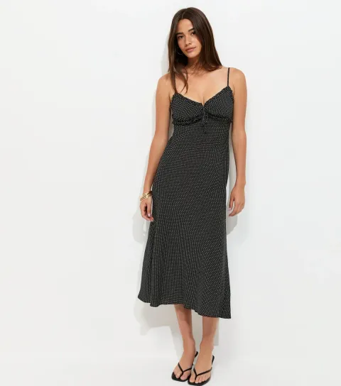 Black Polka Dot Strappy Frill Trim Midi Dress