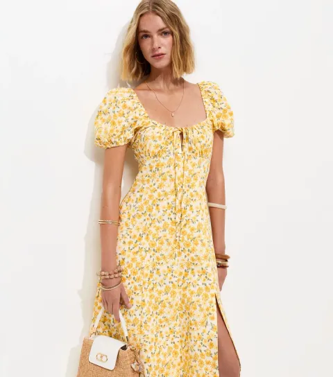 Yellow Floral Print Milkmaid Split Front Midi Dress