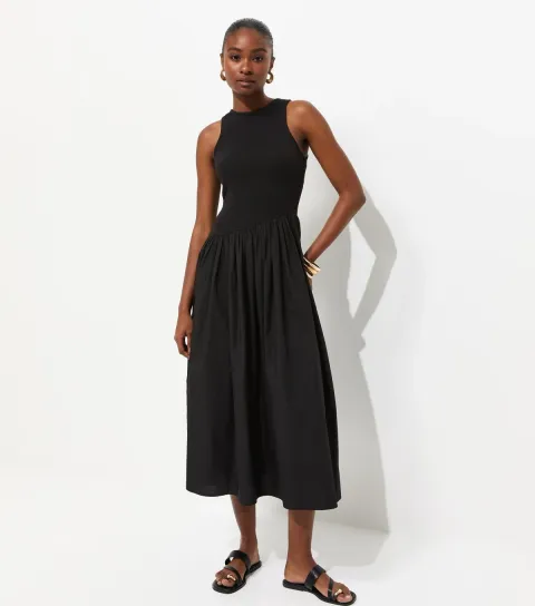 Black Asymmetric Waist Sleeveless Midi Dress