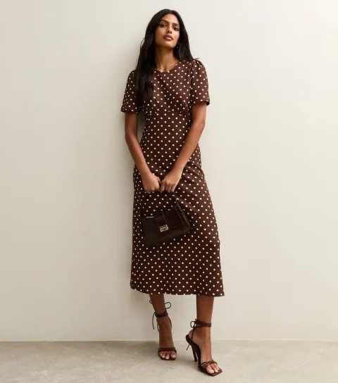 Brown Crinkle Texture Spot Print Midi Dress