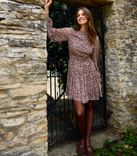 Brown Paisley Print Mini Dress