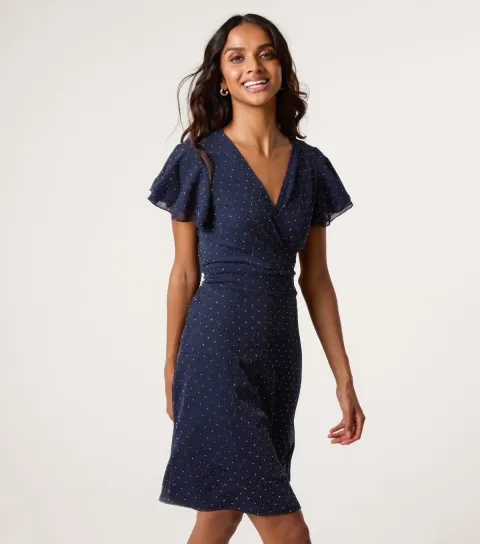 Navy Diamanté Wrap Mini Dress