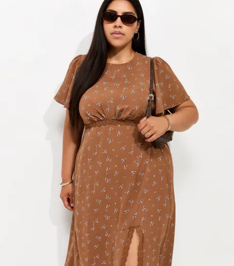 Plus Size Brown Floral Lace Midi Dress Curves