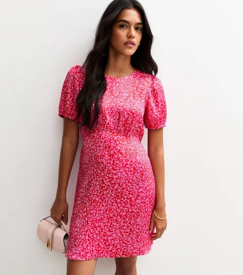Pink Disty Print Open Back Satin Mini Dress