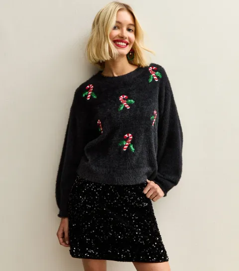 Black Candy Cane Embroidered Jumper