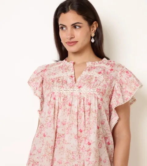 Pink Cotton Floral Ruffle Sleeve Blouse
