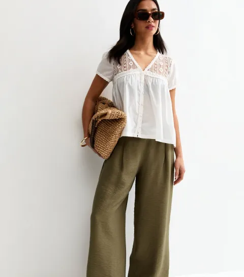 Petite Khaki Pull On Wide Leg Trousers