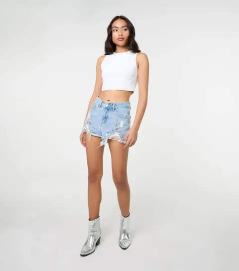 Blue Embellished Distressed Denim Shorts