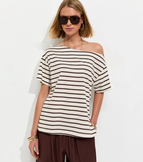White Striped Cotton Off The Shoulder T-Shirt