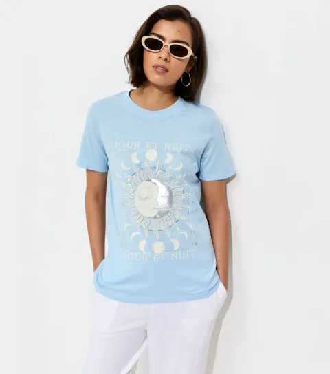 Light Blue Cotton Mystic Print T-Shirt