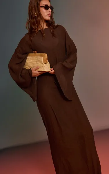 Espresso Linen Look Flute Sleeve Beach Maxi Dress