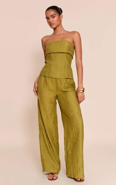 Olive Textured Woven Mid Rise Wide Leg Trousers