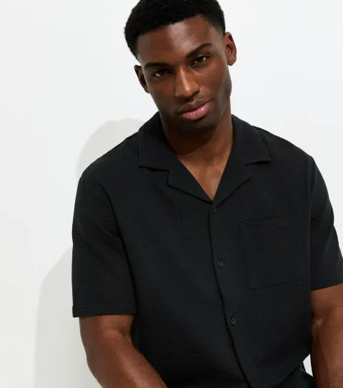 Black Cotton Rich Relaxed Textured Short Sleeve Shirt