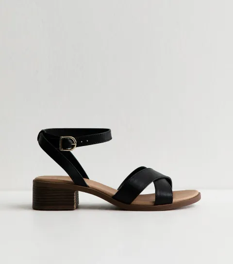 Wide Fit Black Faux Leather Block Heel Sandals Vegan