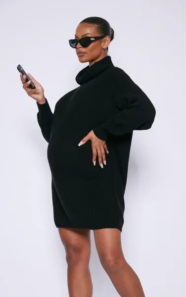 Maternity Black High Neck Oversized Jumper Dress