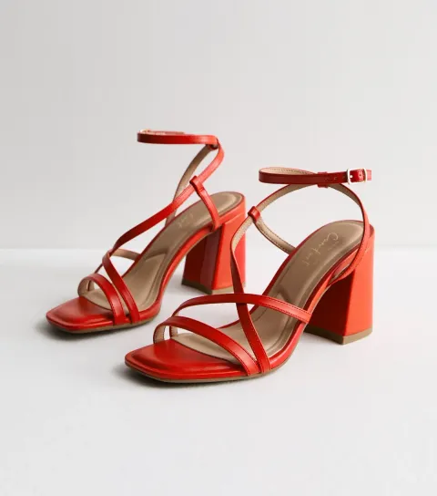Orange Strappy Block Heel Sandals