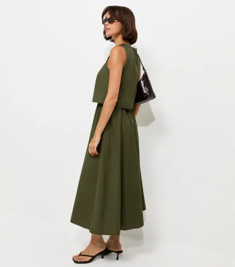Dark Khaki Cotton Layered 2-in-1 Sleeveless Midi Dress