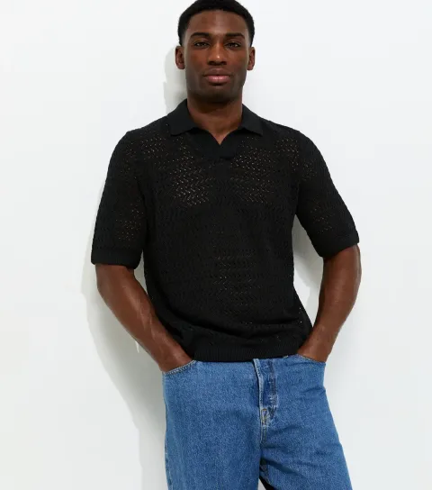 Black Regular Open Knit Polo Shirt