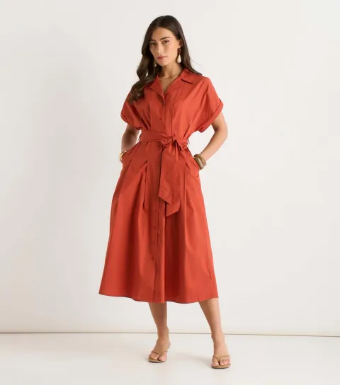 Rust Cotton Short Sleeve Shirt Dress