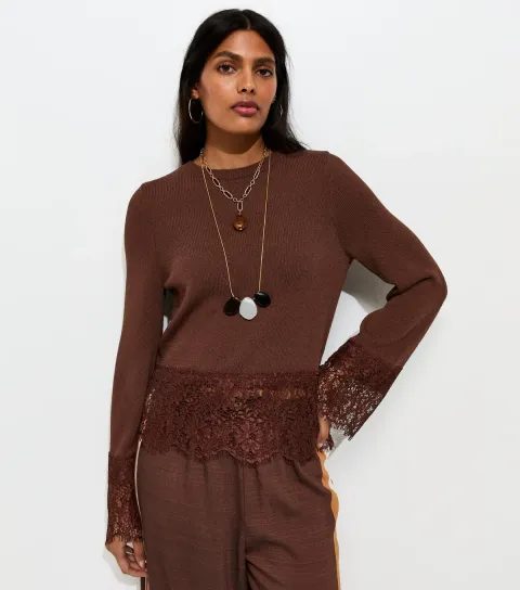 Dark Brown Scalloped Lace Hem Jumper