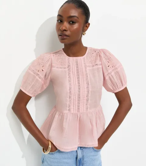 Light Pink Cotton Lace Trim Puff Sleeve Blouse