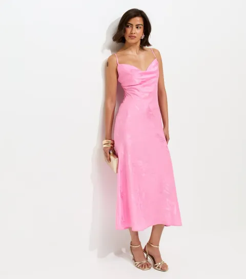 Bright Pink Floral Jacquard Cowl Neck Strappy Midi Dress