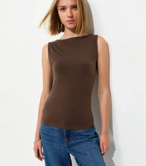 Dark Brown Cotton Rich Slash Neck Vest Top