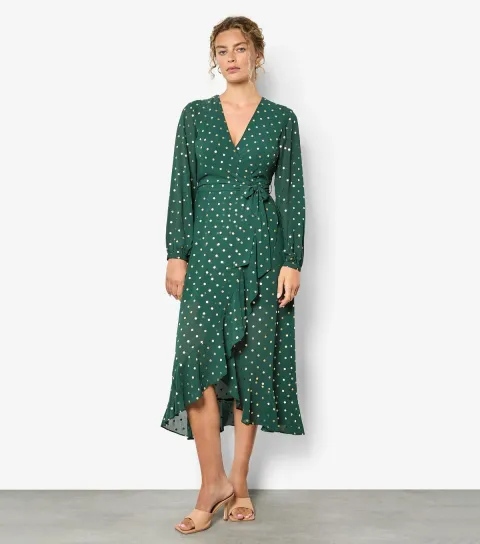 Green Foil Polka Dot Wrap Dress