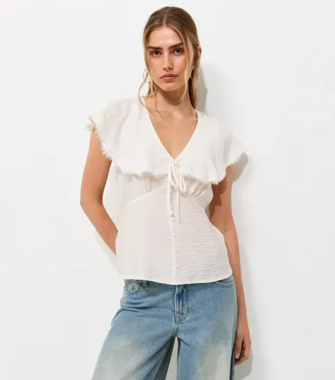 Cream Crinkled Lace Trim Ruffled Collar Blouse